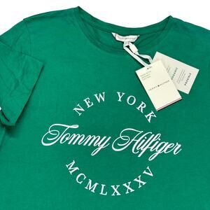 Tommy Hilfiger Womens M Livia T-shirt Green Tee Organic Cotton Retro Logo - 2019